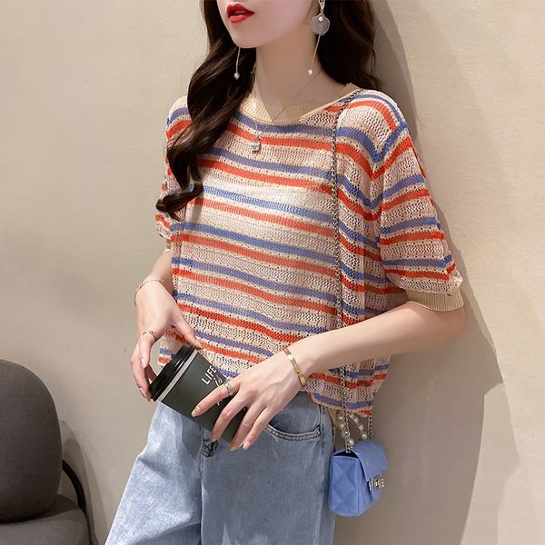 

sunscreen women's long sleeve thin loose casual 2020 t-shirt stripe all-match age-reducing shirt t-shirt, White