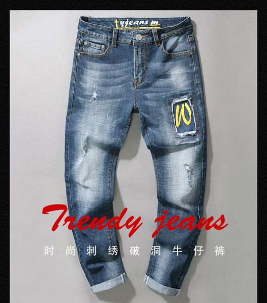 

взрыв модели 2019 мужские джинсы личности эластичный вышивка отверстие патч прямые мужские джинсы пункт нет. ty682, Blue