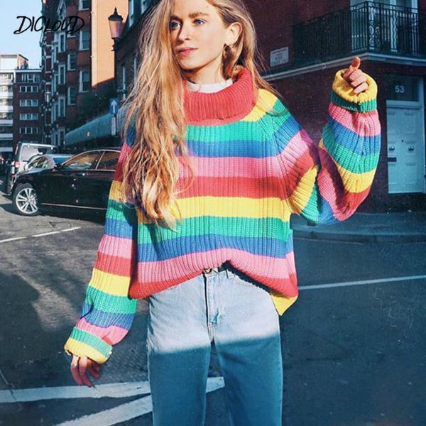 

rainbow casual sweater women striped turtleneck knitted loose slim long sleeve pullovers female vintage plus size ladies xl, White;black