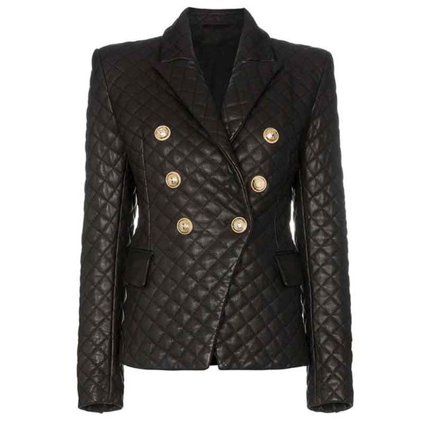 

grid synthetic leather women blazer double-breasted lion buttons slim femme blazer cotton padded autumn office work jacket, White;black
