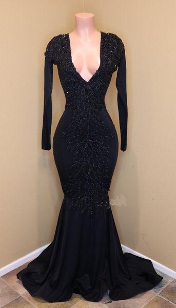 

Gorgeous Long Sleeves V Neck Mermaid Prom Dresses Black Appliques Lace Party Gowns Plus Size Girl Evening Dresses
