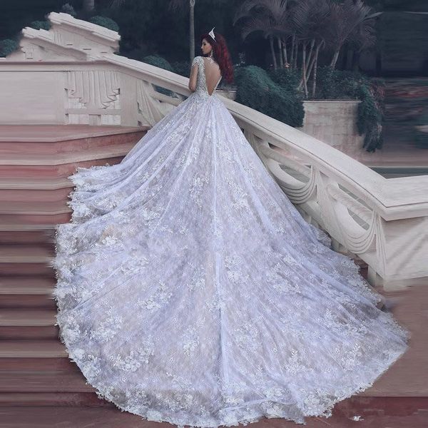 

последние o-образным вырезом с длинным рукавом кружева свадебные платья 2019 с бисером кристаллы vestidos де noiva длинный поезд свадебные п, White