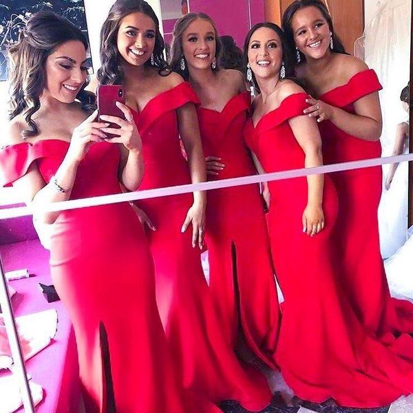 

2019 new elegant red mermaid bridesmaid dresses off the shoulder splits plus size african maid of honor gowns wedding guest dress, White;pink
