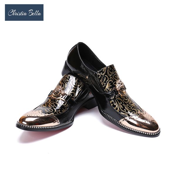 

christia bella italy mens pointed metal toe dress shoes black party shoes gold floral print patchwork men leather formal