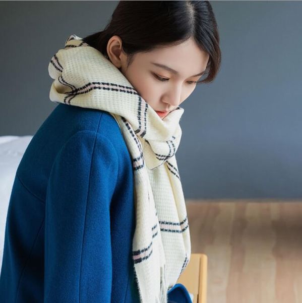 

autumn/winter 2019 new cashmere plaid scarf women's long warm tassel scarf japan and south korea sweet shawl women, Blue;gray