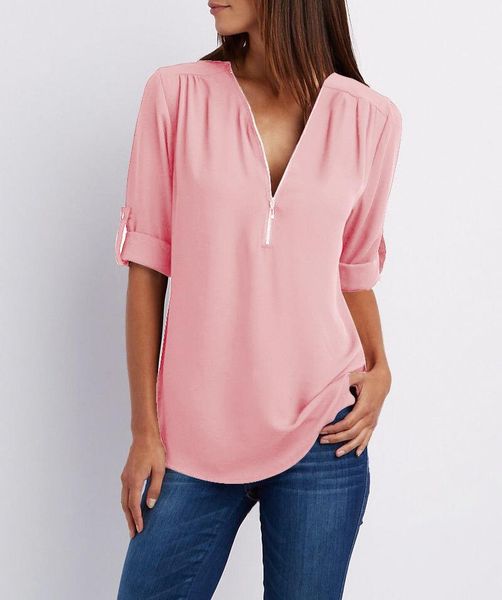 

2019 women chiffon shirt fashion v-neck zipper pink white blouse 13 colors for female work wear 4xl 5xl blusas ns9003