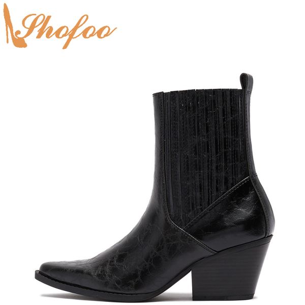 

boots black woman ankle western high chunky heels pointed toe booties big size 12 16 ladies fashion marble texture shoes shofoo