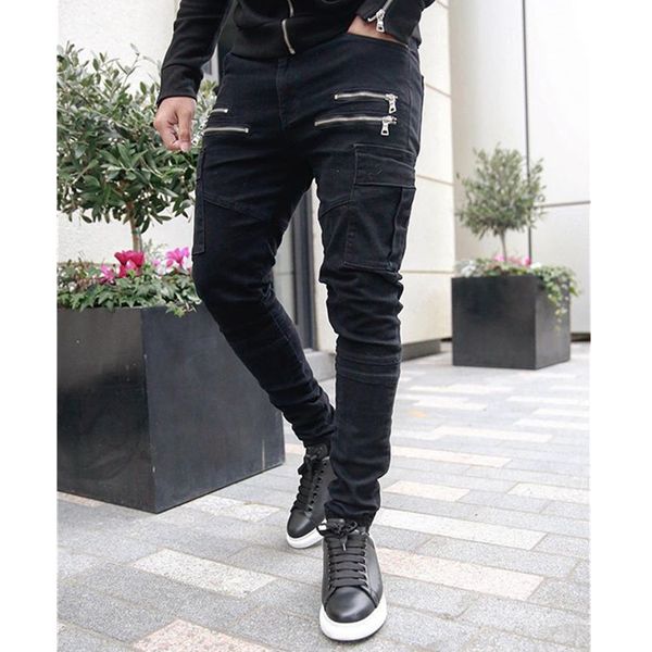 

2020 fitness men's casual sports pants slim fit solid color bib overall men multi-pockets fitness pants, Black;blue