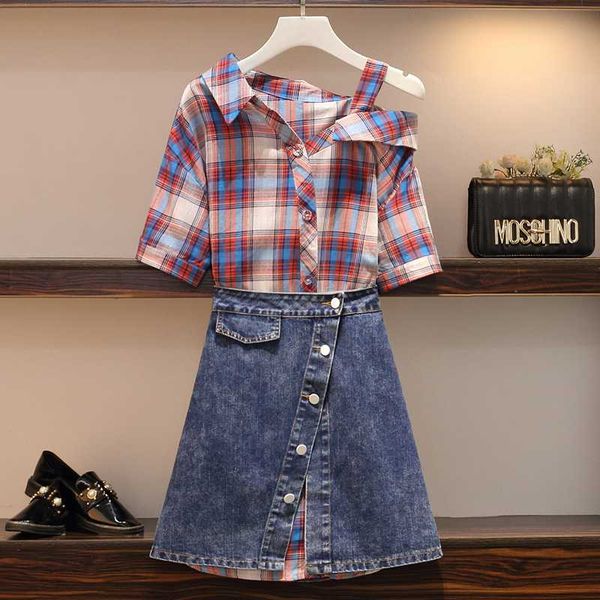 

plus size office ladies korean two pieces set for women one shoulder plaid long blouse and split denim short skirts set female, White
