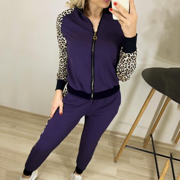 

two-piece fashion women's leopard stitching color matching casual sweatshirt suit fmale autumn sport running set for outdoor, Black;blue