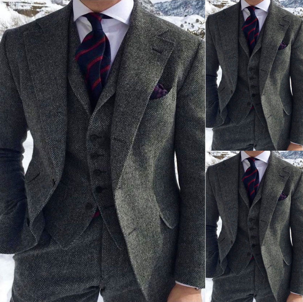 

2020 men's wool blend grey herringbone wool suits 3 piece notch lapel tweed blend vintage peaky blinder, White;black