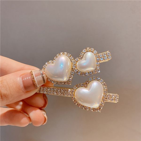 

mwsonya new korean luxury shiny rhinestone hairgrips for women girls elegant peal heart hair clips hair accessories jewelry, Golden;white
