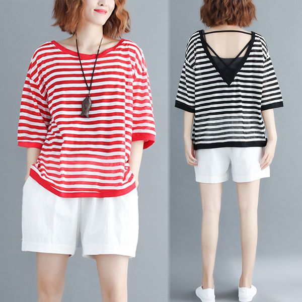 

200 pounds of fat mm summer wear will code woman 2019 reveal back jacket easy thin stripe short sleeve t the tide, Black;brown
