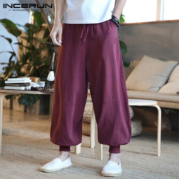 

incerun 2020 vintage men's wide leg pants cotton solid color drawstring loose casual trousers retro streetwear pantalones hombre, Black