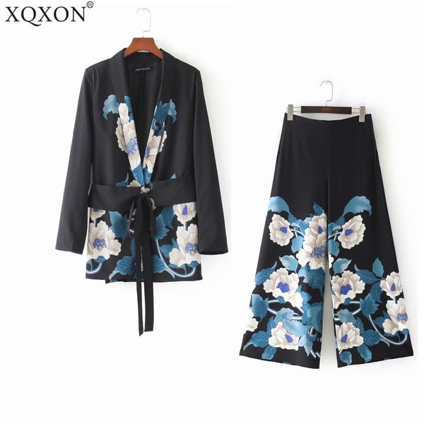 

женские костюмы 2018 осени черного пальто женщины мода урожай ретро цветочные печати кимоно blazer куртки и широкие костюмы leg pant, White;black