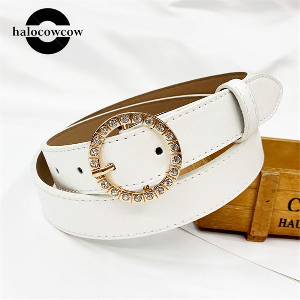 

diamond pearl leather belt for women round pin buckle casual adjustable belts for jeans students female waistband white black, Black;brown