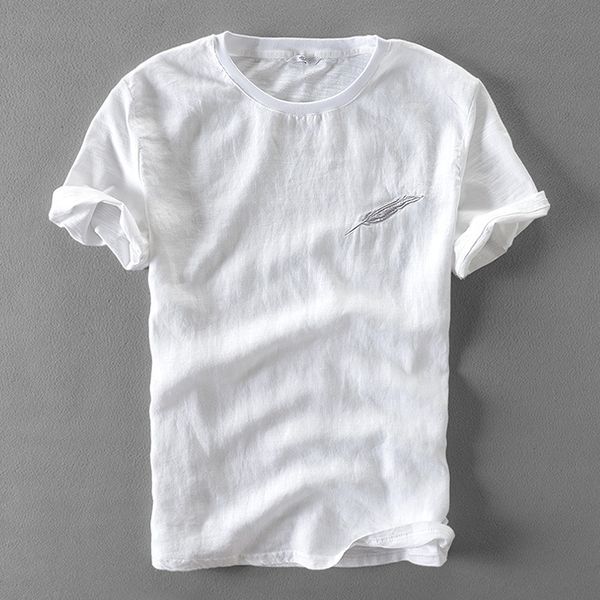 

men's t-shirts men summer fashion japan style cotton linen feather embroidery solid color minimalism short sleeve t-shirt male casual, White;black