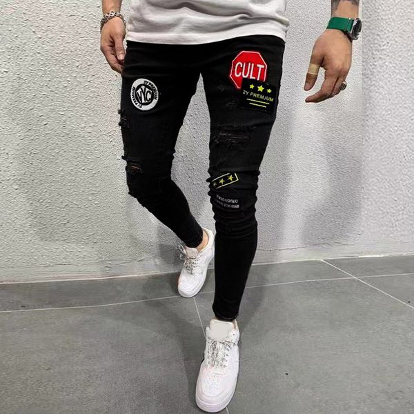 

2019 autumn men casual denim pants classic cowboys young hole zipper jeans slim men trousers man black red white jeans trousers, Blue