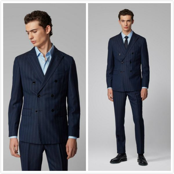 Smoking da sposo da sposo a righe blu navy da uomo Abiti da sposo da uomo con risvolto a punta doppiopetto Giacca da giacca da ballo (giacca + pantaloni)