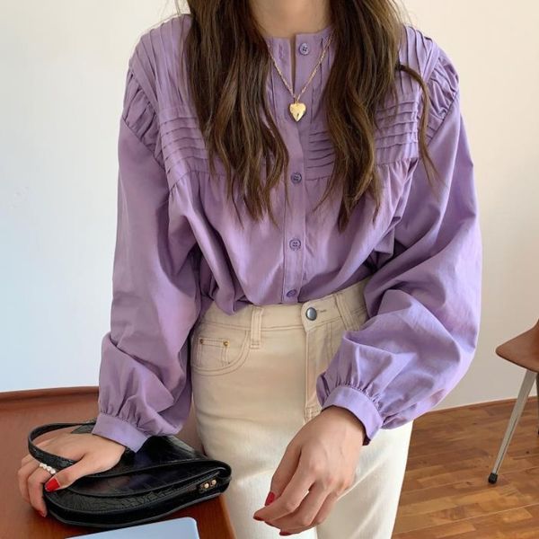 

korobov women long sleeve shirts korean o neck vintage sweet girl blouses 2020 chic ruched solid single breasted blusas mujer, White