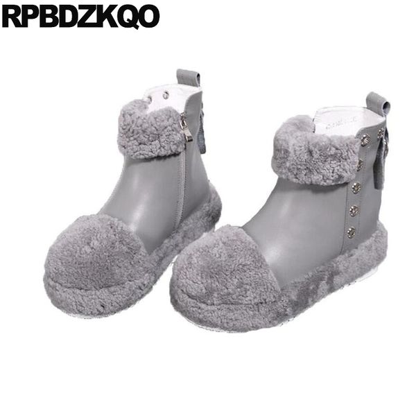 

women ankle boots 2019 round toe brand blue black short flatform beige genuine leather chinese fur shoes platform winter grey