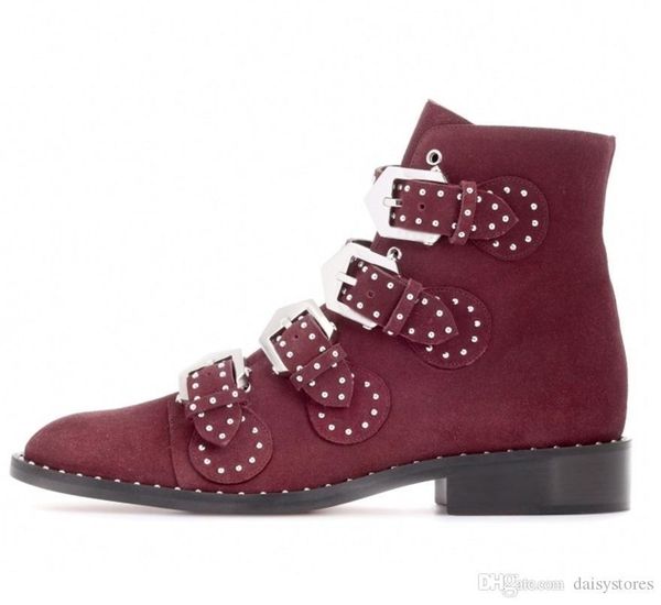 

metal buckle strap lady ankle boots studs embellished woman motorcycle boots leather suede round toe flats boots shoes, Black