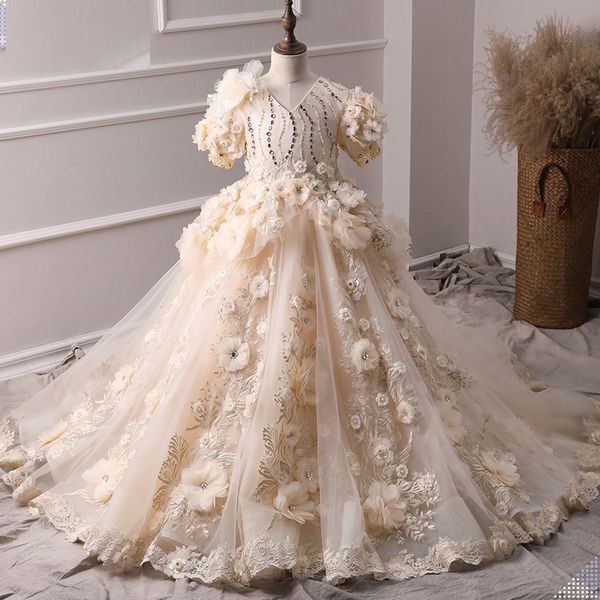

arabic princess flower girl dresses for wedding ball gown 3d floral flowers lace girl communion dress prom pageant gown, White;red