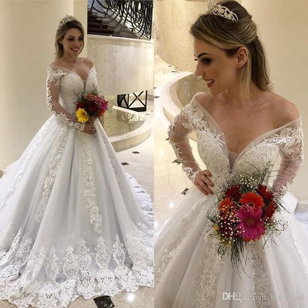 

новая мода elegant плеча v шеи свадебные платья кружева аппликация длинные рукава развертки поезд свадебное платье свадебные платья платье d, White