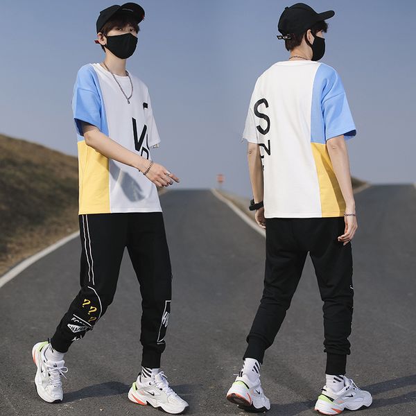 

summer relaxed fashion brand sports leisure two piece set short sleeve t-shirt nine point pants suit for men, Gray