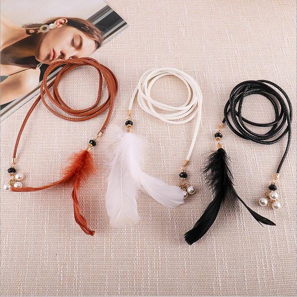 

женская девушка тощий пояс платье пояс тонкий плетеный искусственная кожа перо жемчуг узкий пояс новый, Black;brown