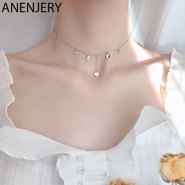 

anenjery danity 925 sterling silver tassel heart necklace for women choker collares wedding jewelry s-n474