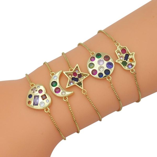 

zircon colorful stones bracelets for women 24k gold heart circle fatima hand star moon shape bracelet rainbow tennis jewelry, Golden;silver