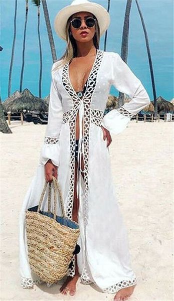

2020 women summer boho beach long elegant dress swimwear lace up crochet bikini cover up hollow out bathing suit, Blue;gray