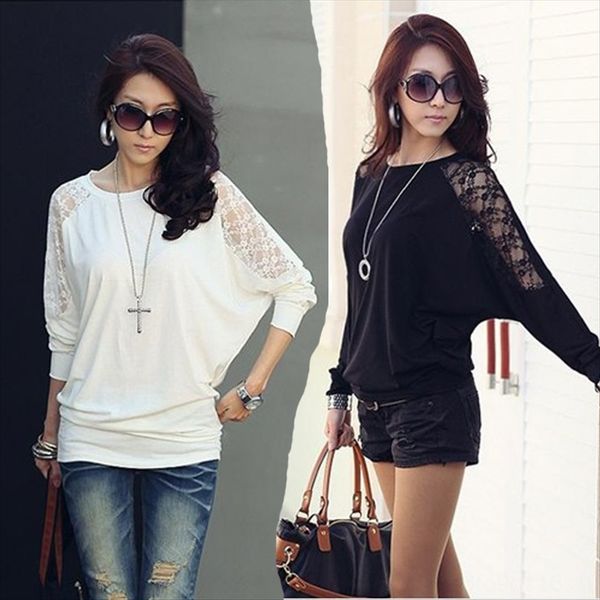 

all-match knitted stitching bat long all-match knitted t-shirt lace lace stitching bat sleeve long sleeve t-shirt, White