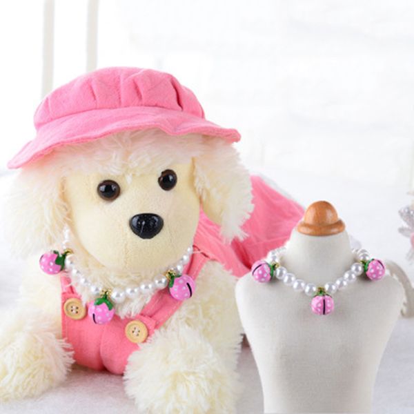 

pearl strawberry necklace cute mini pet dog collars bell cat collar fashion beautiful perfect gift collares para perros@22