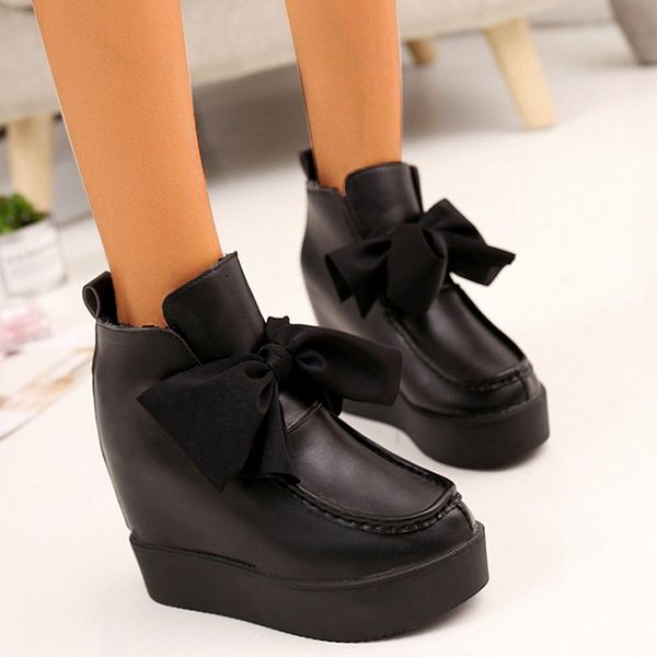 

winter boots women warm ankle causal wedges round toe bow knot sweet increased boots european style warm non-slip shoe, Black