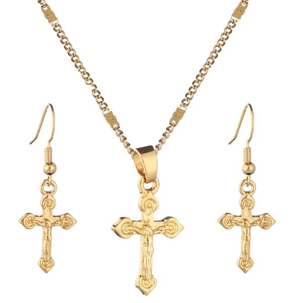 

cross pendant necklace earrings jewelry sets gold color crucifix christian trendy jewelry set, Silver