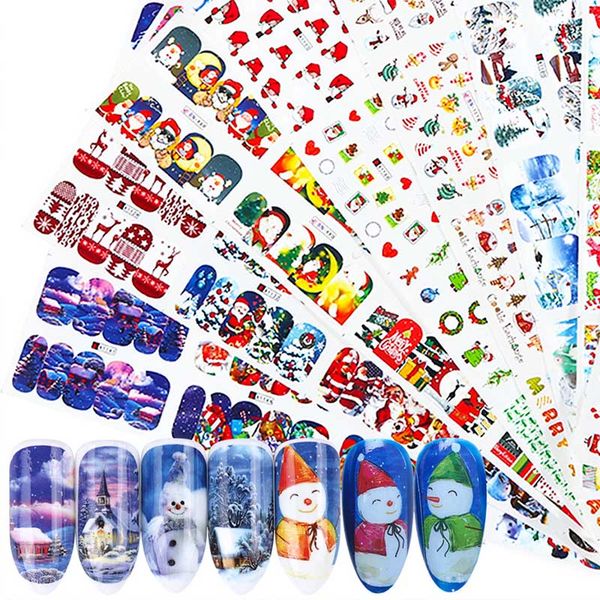 

12pc/set christmas style nail sticker snowman full wraps water transfer decals winter nail art sliders for manicure tip, Black