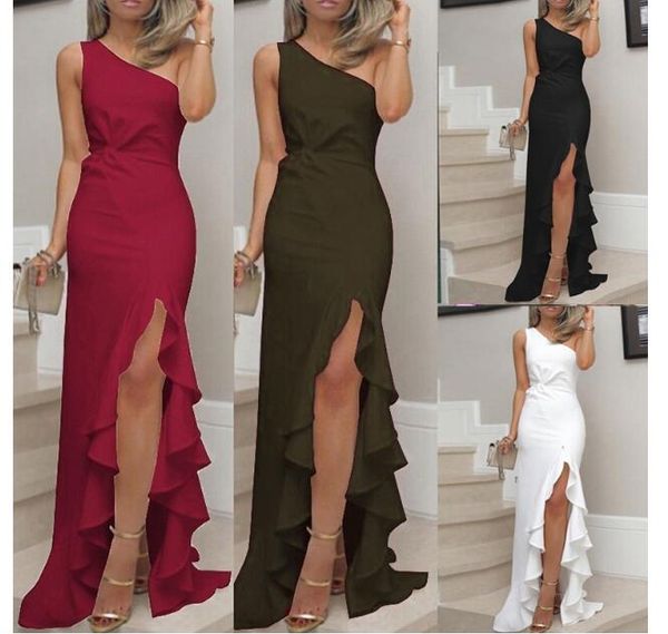 

women long dress high split dresses one shoulder mermaid elegant women lotus leaf edge long party dress, Black;gray
