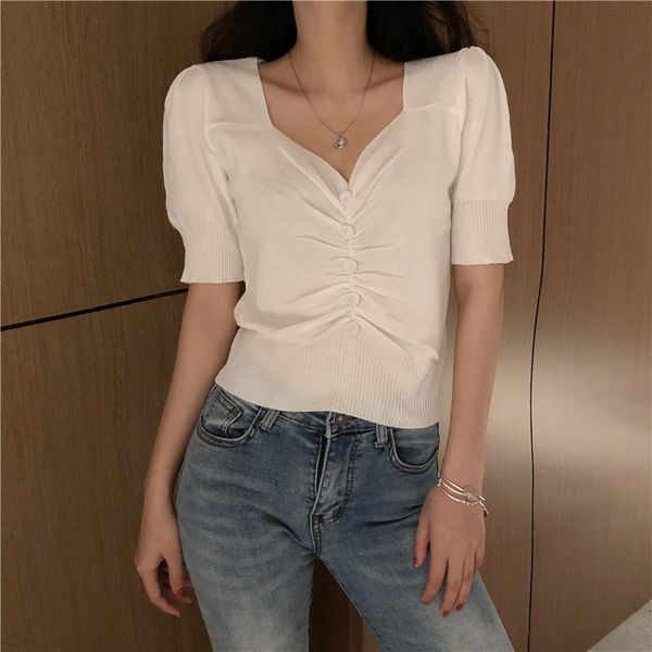 

summer new short sleeve button crop v-neck thin knitted sweaters fashion brand korean style women's clothing pullovers, White;black