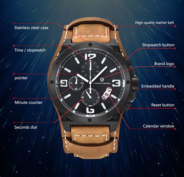 

pagani design brand unique design fashion watches men dive 100m sport leather wristwatches large dial quartz watch, Slivery;brown