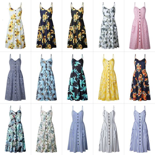 

2019 summer women button decorated print dress party beach sundress boho long dresses plus size designer clothes, Black;gray