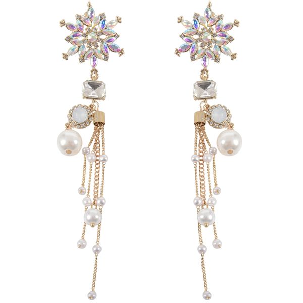 

colorful crystal flower simulation pearl wind snowflake tassel long girl earrings, Silver