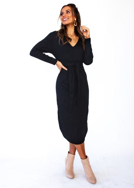 

autumn and winter explosion v-neck long-sleeve tied medium-length knitted dresses in pure color you just need one, Black;gray
