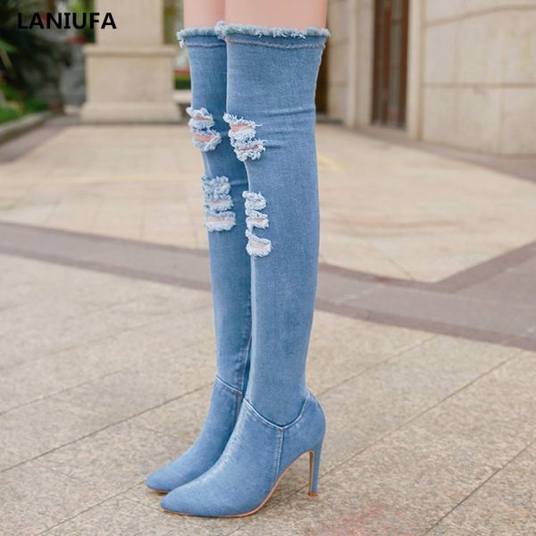 

оен зима женин над коленом boots женин джиновой кани оѬоконене toe воки, Black