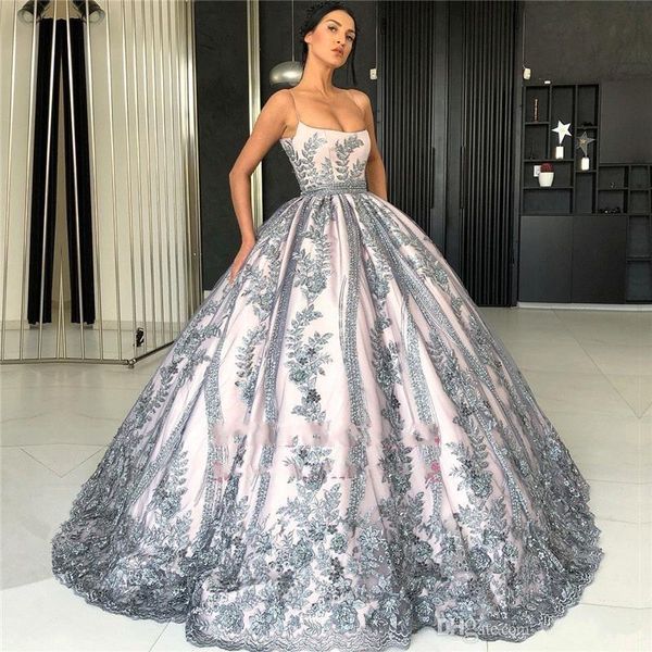 

2019 luxury spaghetti straps silver grey prom dresses lace full appliques evening dress princess ball gown formal party dress custom made, Black