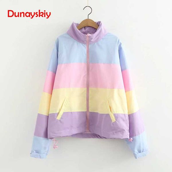 

2018 winter crop new japanese harajuku kawaii candy cute rainbow matching color short jacket thin hooded coat female cute, Black;brown