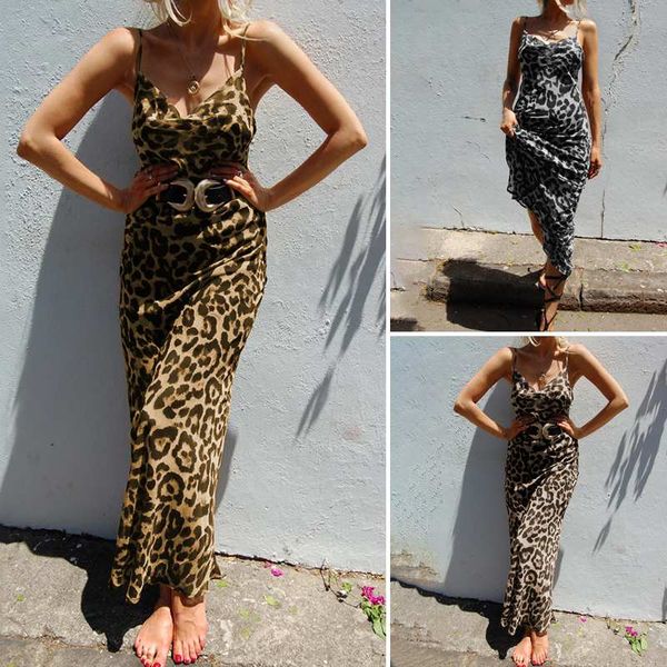 

s-5xl celmia summer sundress women bohemian leopard print dress spaghetti straps sleeveless casual long maxi beach vestidos, Black;gray