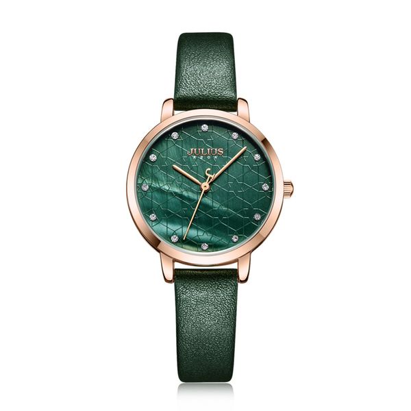 Julius Uhr Green Damen Leder Mode Stilvolle Quarz Armbanduhr Rosegold Edelstahl Rückenkoffer JA-1178