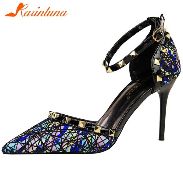 

karin shallow high thin heels sandals street style rivet sandals women new fashion summer mixed-color shoes woman, Black